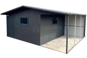 Garaż blaszany - Domek ogrodowy - Schowek 4x6m + Wiata 2x6m - Drzwi - 2x Okno - Antracyt - Rynny - Dach dwuspadowy AG1005