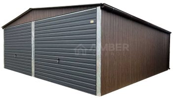 Garaż blaszany 6x5,8m - 2x Brama uchylna - Ciemny orzech - drewnopodobny - antracyt - rynny - dach dwuspadowy AG1010