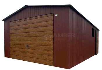 Garaż blaszany 4,5x6m - brama uchylna - drzwi - okno - ciemny brąz - drewnopodobny - dach dwuspadowy AG1017