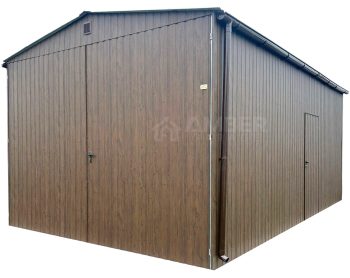 Garaż blaszany 4x6m - brama dwuskrzydłowa - drzwi - ciemny orzech - drewnopodobny - dach dwuspadowy AG1018