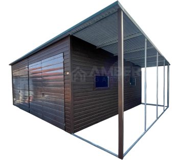 Garaż blaszany 7x6m + wiata 1,6m - 2x Brama dwuskrzydłowa - 2x okno - Ciemny orzech - drewnopodobny - dach spad w tył AG1019