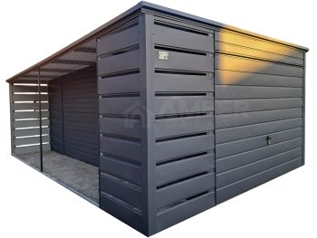 Garaż blaszany 3x6m + wiata 1m - Brama uchylna - drzwi - antracyt - dach spad w tył AG1048