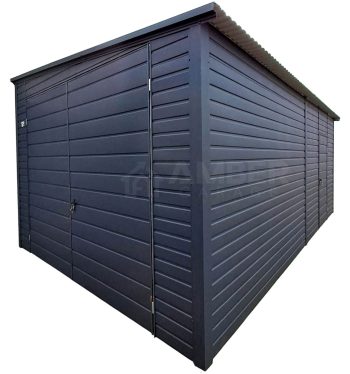 Garaż blaszany 3x7m - Brama dwuskrzydłowa - drzwi - antracyt - dach spad w bok AG1049