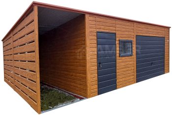 Garaż blaszany 6x6m + Wiata 1,5m - Brama uchylna - drzwi - okno - jasny orzech - drewnopodobny - antracyt - dach spad w tył AG1051