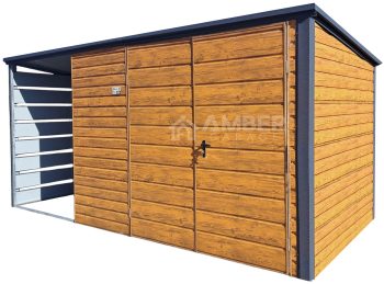 Schowek - domek ogrodowy 3,5x2m + wiata 1,5m - Brama dwuskrzydłowa - jasny orzech - drewnopodobny - dach spad w tył  AG1054
