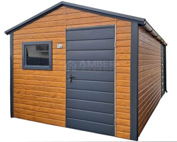 Schowek - domek ogrodowy 3x4m + wiata 1m - Drzwi - okno - rynny - jasny orzech - drewnopodobny - dach dwuspadowy AG1057