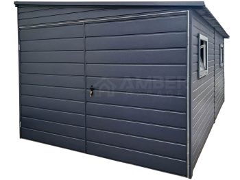 Garaż blaszany 3x6m - brama dwuskrzydłowa - 2x okno - antracyt - dach spad w bok AG1062