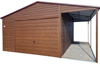 Garaż blaszany 4x6m + wiata 1,5m - brama uchylna - drzwi - ciemny orzech - drewnopodobny - dach dwuspadowy AG1065
