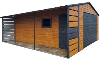 Garaż blaszany 4x5m + wiata 1x5m - brama - drzwi - okno - jasny orzech - drewnopodobny - antracyt - dach dwuspadowy AG1071
