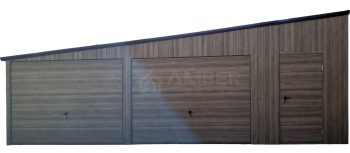 Garaż blaszany 8x6m - 2x brama - okno - drzwi - ciemny orzech - drewnopodobny - dach spad w bok - rynna AG1072