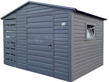 Schowek - domek ogrodowy 2,2x2m + wiata 0,8m + drzwi w wiacie - drzwi - okno - antracyt - dach dwuspadowy AG1074