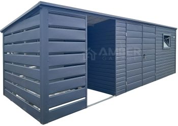 Schowek - domek ogrodowy 4,5x2,5m + wiata 2m - brama - okno - antracyt - dach spad w tył AG1077