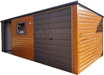 Schowek - domek ogrodowy 4,5x2m + wiata 2m - brama - okno - jasny orzech - drewnopodobny - dach spad w tył AG1085