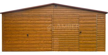 Garaż blaszany 6,2x6m - brama uchylna - drzwi - jasny orzech - drewnopodobny - rynna - dach dwuspadowy AG1117