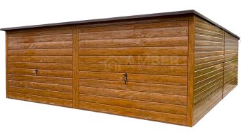 Garaż blaszany 6x6m - 2x brama uchylna - jasny orzech - drewnopodobny - rynna - dach spad w tył AG1118