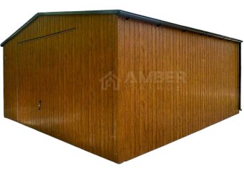 Garaż blaszany 6x6m - brama uchylna - jasny orzech - drewnopodobny - rynny - dach dwuspadowy AG1119