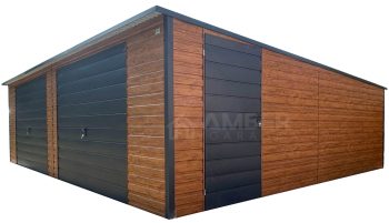 Garaż blaszany 8,5x6m - 2x brama uchylna - drzwi - okno - jasny orzech - drewnopodobny - antracyt - dach dwuspadowy AG1120