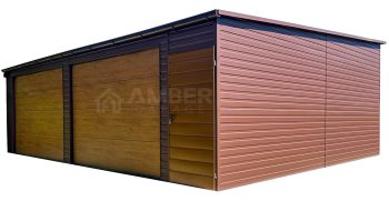 Garaż blaszany 8x6m - 2x brama segmentowa - drzwi - ciemny brąz - złoty dąb - drewnopodobny - dach spad w przód - rynna AG1121