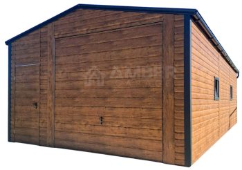 Garaż blaszany 5x6m - brama uchylna - drzwi - 2x okno - jasny orzech - drewnopodobny - rynny - dach dwuspadowy AG1177