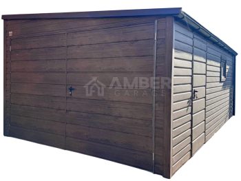 Garaż blaszany 3,5x5m - brama dwuskrzydłowa - drzwi - okno - ciemny orzech - drewnopodobny - dach spad w bok AG1187