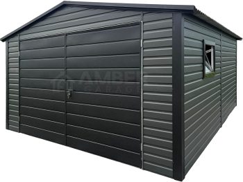 Garaż blaszany 4x5m - brama dwuskrzydłowa - okno - antracyt - dach dwuspadowy AG1191