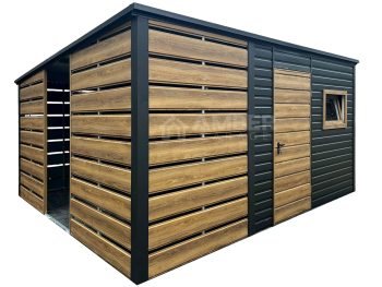 Schowek - domek ogrodowy 2,5x3m - wiata 1,5m - drzwi - okno - antracyt - winchester - drewnopodobny - spad dachu w tył AG1198