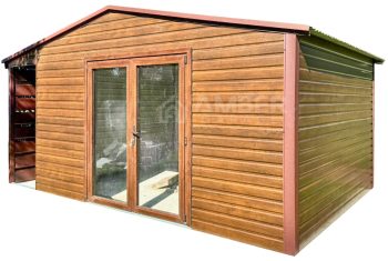 Schowek - domek ogrodowy 5,5x4m - wiata 0,5m - drzwi szklane PCV - jasny orzech - drewnopodobny - dach dwuspadowy AG1205