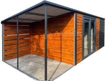 Schowek - domek ogrodowy 4x3m - wiata 1,5m - drzwi - drzwi szklane PCV - złoty dąb - drewnopodobny - antracyt - spad dachu w tył AG1214