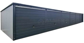 Garaż blaszany szeregowy 18x5m - 6x brama - jasny srebrny - dach spad w przód - rynny AG1236