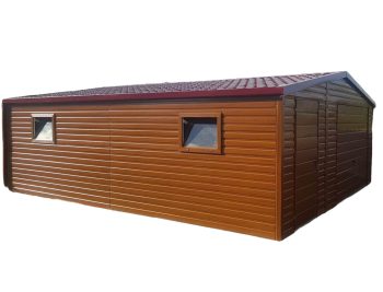 GARAŻ BLASZANY 6m x 6m dwuspad - Brama uchylna - ciemny orzech - dodatkowe drzwi - 2x okno AG244 6x6