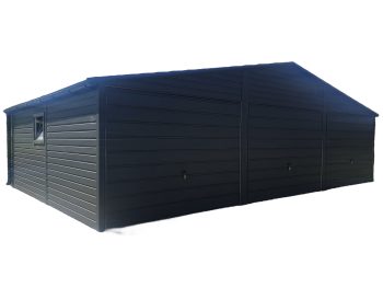 GARAŻ BLASZANY 9m x 6m dwuspad - 3x Brama + okno + rynny - antracyt AG491