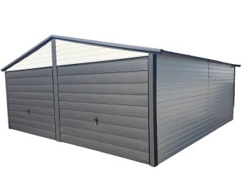 Garaż Blaszany 6x6 - 2x Brama - Antracyt + Biały - dach dwuspadowy AG541