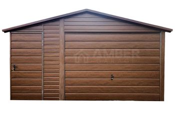 Garaż Blaszany Drewnopodobny 4,5x6m + Wiata 1,5m - Brama Uchylna - Drzwi - Ciemny Orzech - dach dwuspadowy AG648