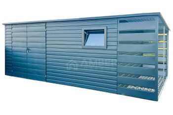 Schowek - Domek Ogrodowy 4,5x2m + Wiata 1m - Brama Dwuskrzydłowa - Okno - Antracyt - Dach spad w tył AG702