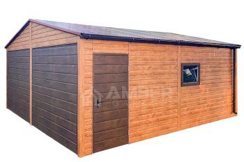 Garaż Blaszany 6x6m - 2x Brama Uchylna - 2x Okna - Drzwi - Jasny Orzech - Ciemny Orzech - Drewnopodobny - Rynny - Dach Dwuspadowy AG708