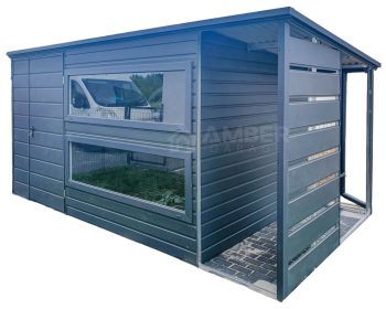 Schowek - Domek Ogrodowy 3,5x2m + Wiata 1m - 2x Okno - Drzwi - Antracyt - Dach Spad w tył AG716