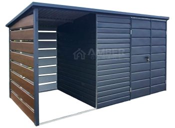 Schowek - Domek Ogrodowy 3x2m + wiata 1,5x2m - Brama dwuskrzydłowa - Antracyt - Ciemny Orzech - Drewnopodobny - Dach spad w tył AG718