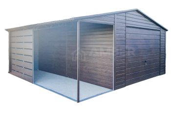 Garaż Blaszany 4,5x6m + Wiata 2m - Brama Uchylna - Okno - Ciemny Orzech - drewnopodobny - Rynny - Dach Dwuspadowy AG729