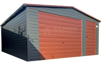 Garaż blaszany 5x6m - Brama uchylna - drzwi - ciemny brąz - antracyt - rynny - dach dwuspadowy AG858