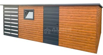 Schowek - Domek ogrodowy 5x3,5m + wiata 1,5m - drzwi - okno - jasny orzech - drewnopodobny - antracyt - Dach spad w tył AG869