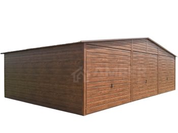 Garaż blaszany 9x6m - 3x brama uchylna - drzwi - jasny orzech - drewnopodobny - dach dwuspadowy AG879