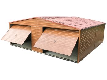 Garaż blaszany 7,5x6m - 2x brama uchylna - złoty dąb - drewnopodobny - blachodachówka - rynny - dach dwuspadowy AG881