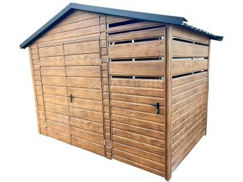 Schowek - domek ogrodowy 2x2m + wiata 1m - brama dwuskrzydłowa - drzwi - jasny orzech - drewnopodobny - blachodachówka - dach dwuspadowy AG882