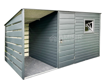 Schowek - Domek Ogrodowy 3x2,5m + wiata 1,5m - Okno - Drzwi - Antracyt - Dach spad w tył AG883