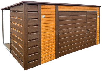 Schowek - domek ogrodowy - Garaż 4x3m + wiata 0,5m - Brama - jasny orzech - ciemny orzech - drewnopodobny - dach spad w tył AG959