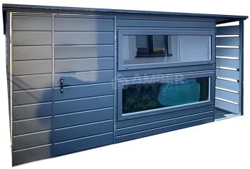Schowek - domek ogrodowy 3,8x2,5m + wiata 0,7x2,5m - Brama dwuskrzydłowa - 2x Okno - antracyt - rynny - dach spad w tył AG963