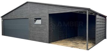 Garaż blaszany PREMIUM 8x6m + wiata 3x6 - Brama segmentowa - drzwi - okno - sosna norweska - antracyt - Drewnopodobny - rynny - dach dwuspadowy AG978