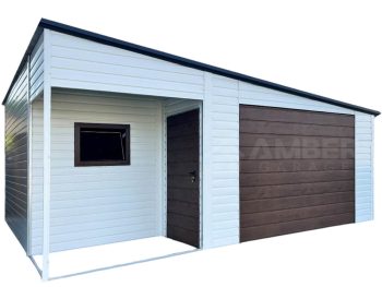 Garaż Blaszany 5x6m - wnęka 2m - brama uchylna - okno - drzwi - biały - ciemny orzech - dach spad w bok AG998