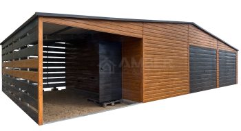 Garaż blaszany 10,5x6m - wiata 4,5m - 2x brama uchylna - drzwi - jasny orzech - sosna norweska - jasny orzech - drewnopodobny - dach dwuspadowy AG1122