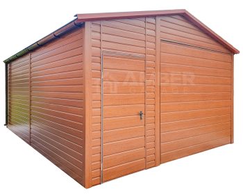 Garaż Blaszany 4,5x6m - Brama Uchylna - Drzwi - Okno - Blachodachówka - Rynny - Złoty Dąb - Drewnopodobny - Dach Dwuspadowy AG728